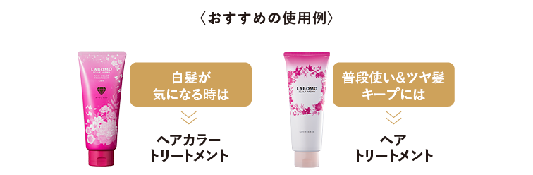 おすすめの使用。白髪が
気になる時は「ヘアカラートリートメント」。普段使い&ツヤ髪キープには「トリートメント」